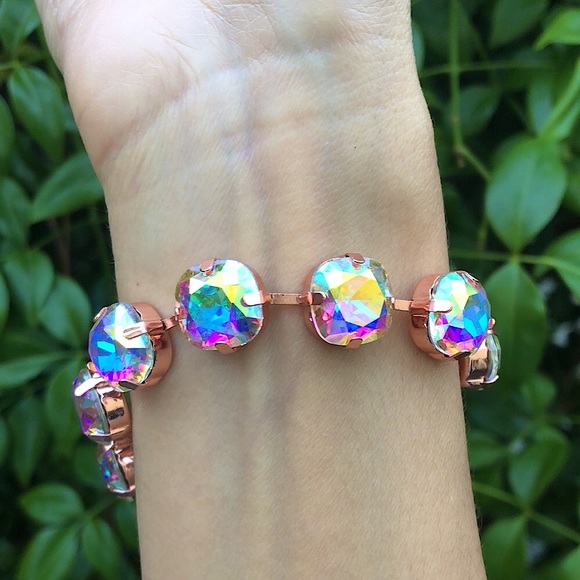 Aurora Borealis + Rose Gold Cushion Cut Crystal Tennis Bracelet - Picture 8 of 9